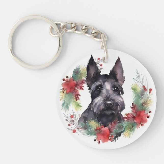 Scottish Terrier Christmas Wreath Festive Pup  Keychain (Front)