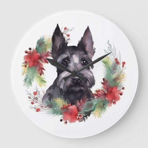 Scottish Terrier Christmas Wreath Festive Pup  Large Clock