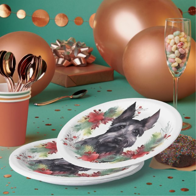 Scottish Terrier Christmas Wreath Festive Pup  Paper Plates (Multi)
