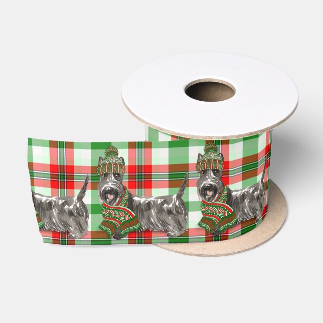 Scottish Terrier Dog and Red Plaid Christmas Satin Ribbon (Spool)