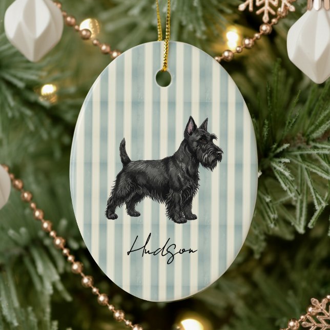 Scottish Terrier Dog Christmas Ceramic Ornament (Celebrate the holidays with this timeless, vintage striped pet portrait! )