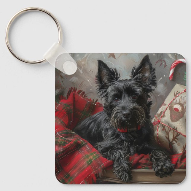 Scottish Terrier Dog Christmas Festive Keychain (Front)