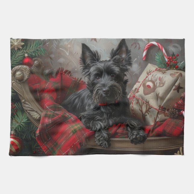 Scottish Terrier Dog Christmas Festive Kitchen Towel (Horizontal)