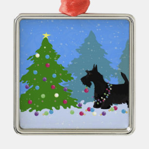 Scottish Terrier Dog Decorating Christmas Tree Metal Ornament
