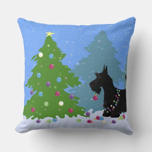 Scottish Terrier Dog Decorating Christmas Tree Throw Pillow