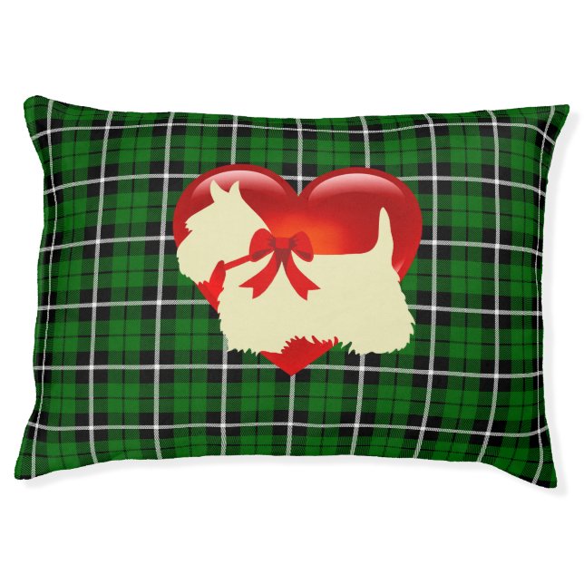 Scottish Terrier dog, green plaid, heart, blue Pet Bed (Front)