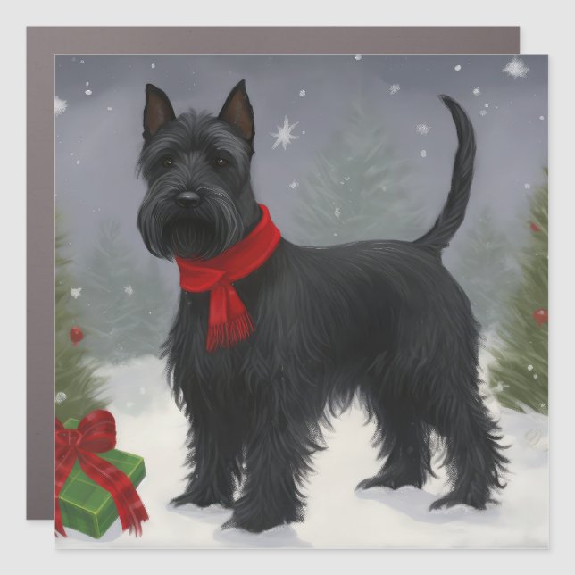 Scottish Terrier Dog in Snow Christmas Car Magnet (Front)
