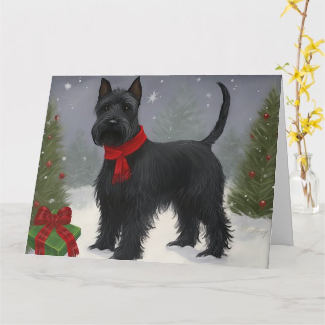 Scottish Terrier Dog in Snow Christmas Card (Yellow Flower)
