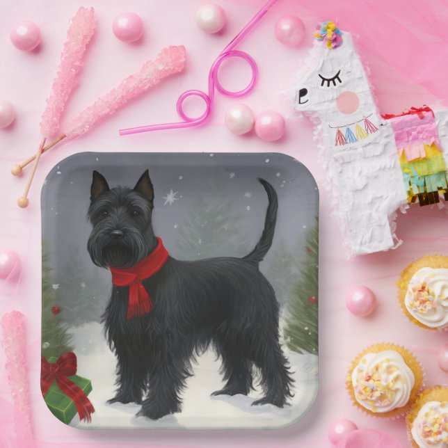 Scottish Terrier Dog in Snow Christmas Paper Plates (Party)