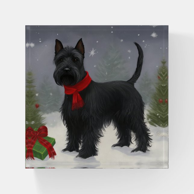 Scottish Terrier Dog in Snow Christmas Paperweight (Front)