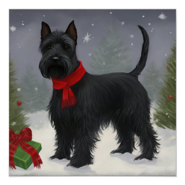 Scottish Terrier Dog in Snow Christmas Poster (Front)