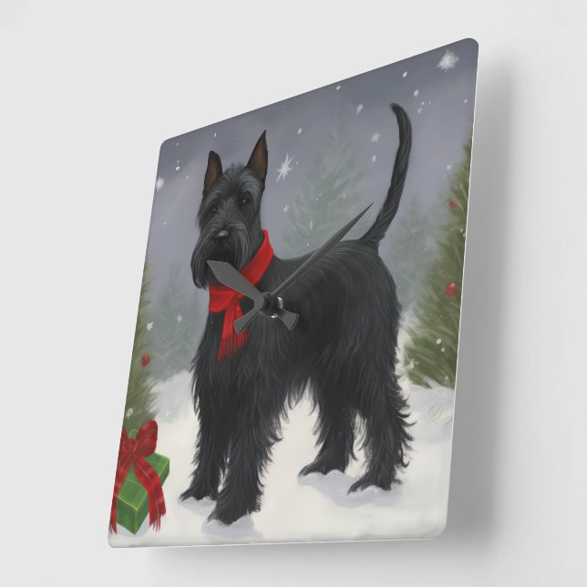 Scottish Terrier Dog in Snow Christmas Square Wall Clock (Angle)