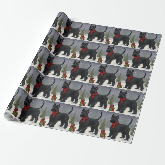 Scottish Terrier Dog in Snow Christmas Wrapping Paper (Unrolled)