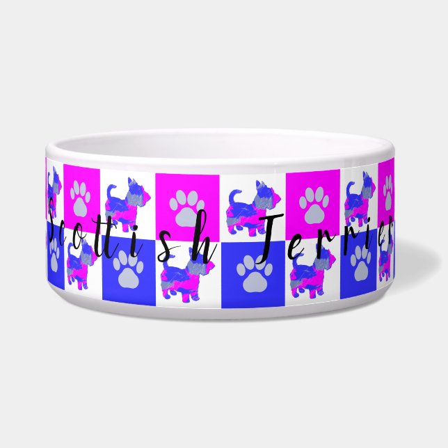 Scottish Terrier Dog & Paw Hot Pink &Blue Pet Bowl (Front)