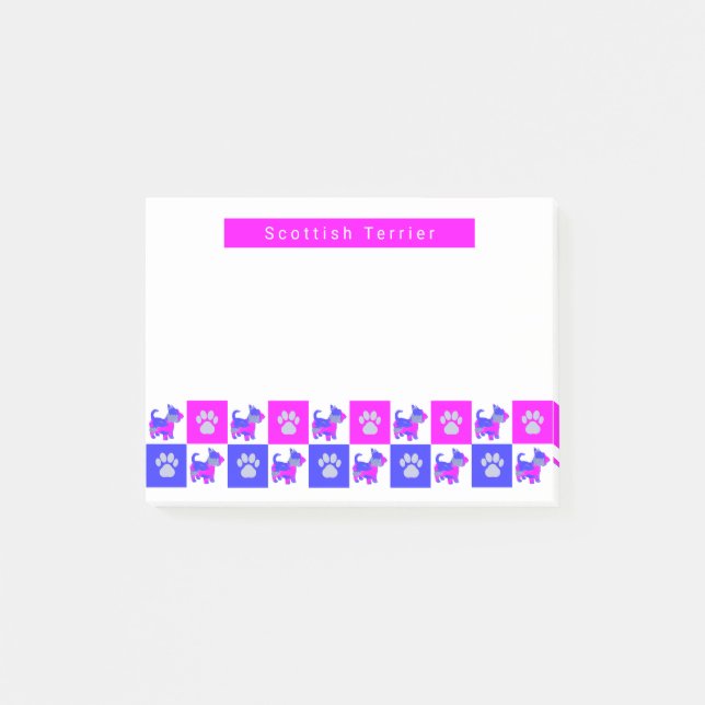 Scottish Terrier Dog &Paw Hot Pink&Blue Silhouette Post-it Notes (Front)