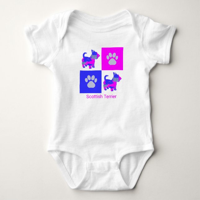 Scottish Terrier Dog & Paw Pink and Blue Baby Bodysuit (Front)