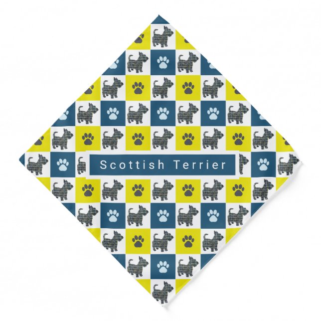 Scottish Terrier Dog & Paw Yellow & Blue Grid Bandana (Front)