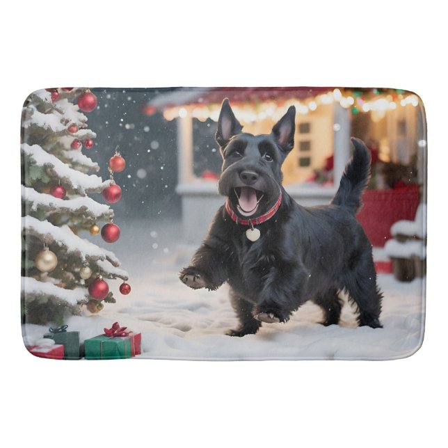 Scottish Terrier Dog Playing Christmas Snow Bath Mat (Front)