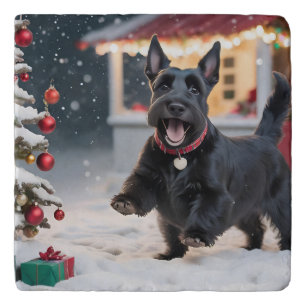 Scottish Terrier Dog Playing Christmas Snow Trivet