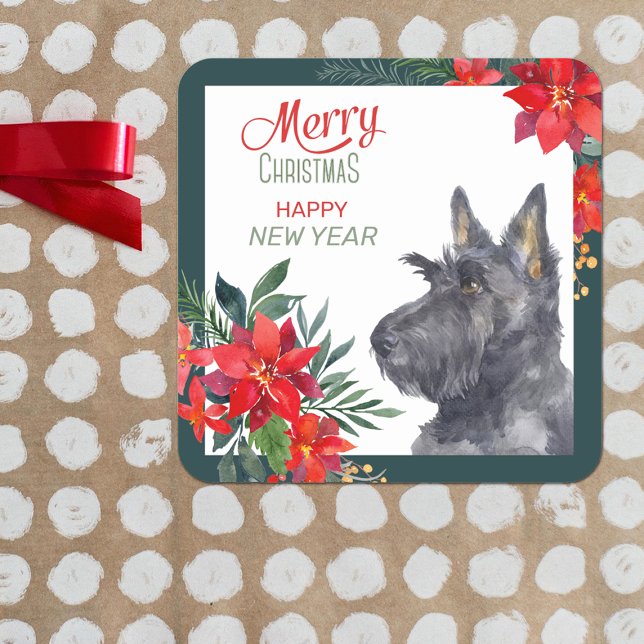 Scottish Terrier Dog Poinsettia Bouquet  Square Sticker (Creator Uploaded)