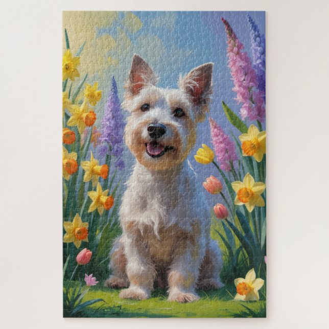 Scottish Terrier Dog Spring Flowers Painting Jigsaw Puzzle (Vertical)