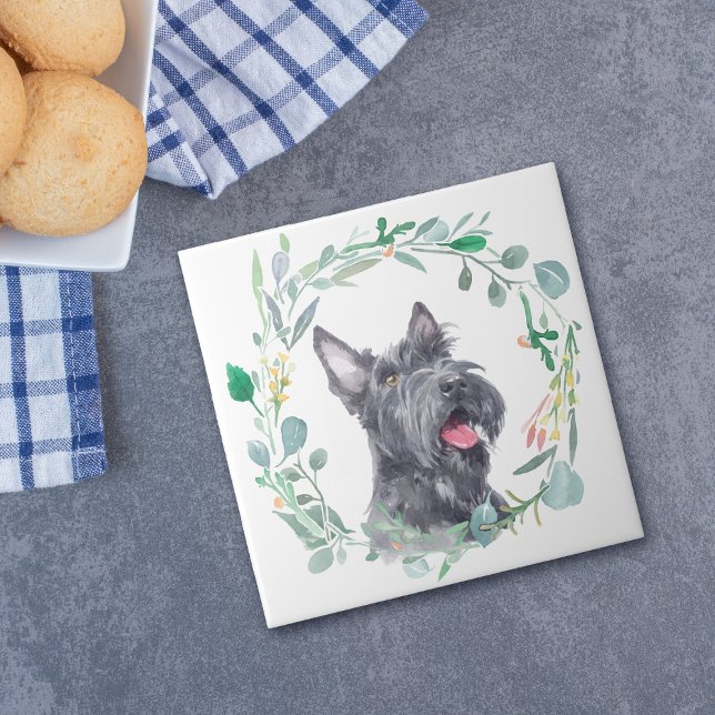 Scottish Terrier Dog Watercolor Wreath Ceramic Tile (Creator Uploaded)