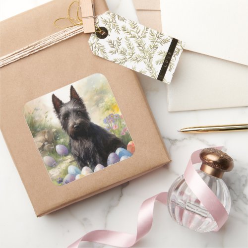 Scottish Terrier Dog with Easter Eggs Holiday Square Sticker