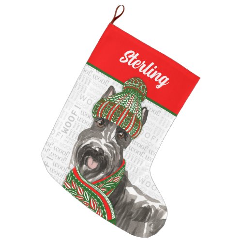 Scottish Terrier Dog with Name Woof Background Large Christmas Stocking
