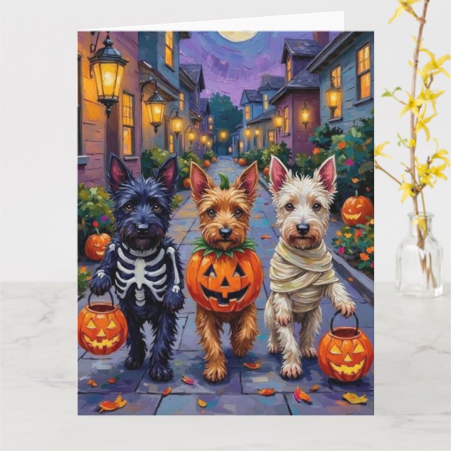 Scottish Terrier Dogs in Halloween Costumes Card (Yellow Flower)