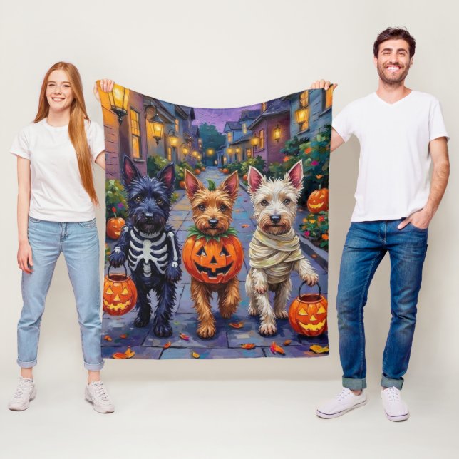 Scottish Terrier Dogs in Halloween Costumes Fleece Blanket (In Situ)
