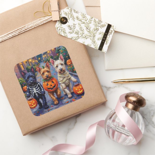 Scottish Terrier Dogs in Halloween Costumes Square Sticker (Gifting)