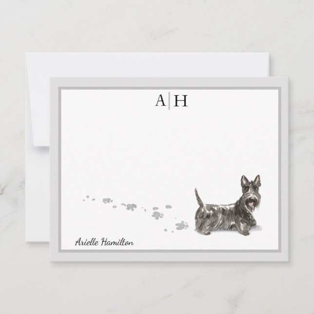 Scottish Terrier Gray Border Monogram Personalize Note Card (Front)