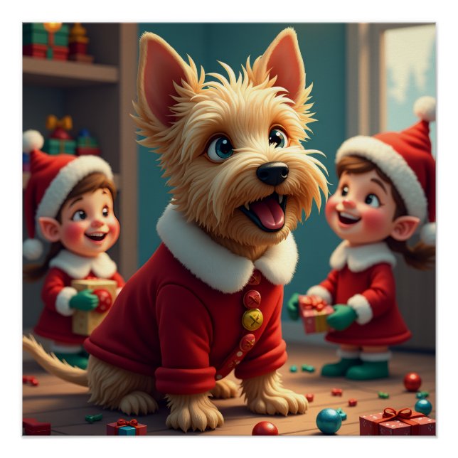 Scottish Terrier Helping Santa’s Elves Christmas Poster (Front)