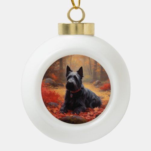 Scottish Terrier in Autumn Leaves Fall Inspire  Ceramic Ball Christmas Ornament