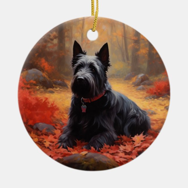 Scottish Terrier in Autumn Leaves Fall Inspire  Ceramic Ornament (Front)