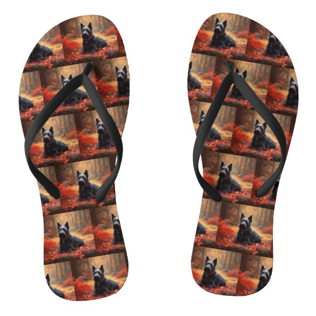 Scottish Terrier in Autumn Leaves Fall Inspire  Flip Flops (Footbed)