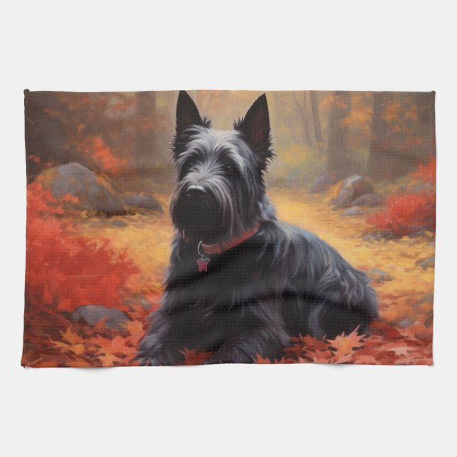Scottish Terrier in Autumn Leaves Fall Inspire  Kitchen Towel (Horizontal)