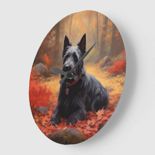 Scottish Terrier in Autumn Leaves Fall Inspire  Large Clock