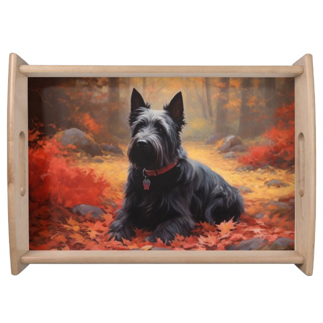 Scottish Terrier in Autumn Leaves Fall Inspire  Serving Tray (Front)