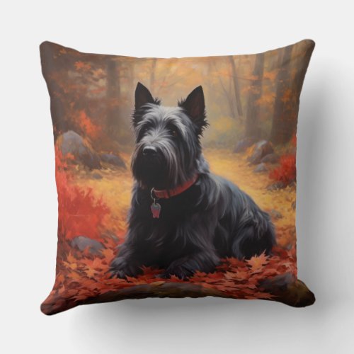 Scottish Terrier in Autumn Leaves Fall Inspire  Throw Pillow
