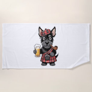 Scottish Terrier in Tartan Kilt with Beer and Pipe Beach Towel