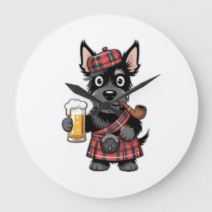 Scottish Terrier in Tartan Kilt with Beer and Pipe Large Clock