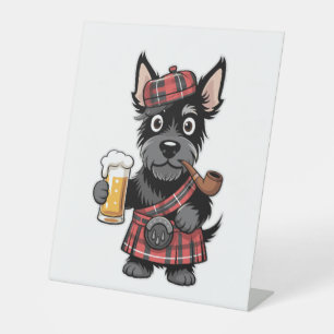 Scottish Terrier in Tartan Kilt with Beer and Pipe Pedestal Sign