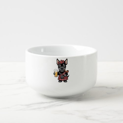 Scottish Terrier in Tartan Kilt with Beer and Pipe Soup Mug