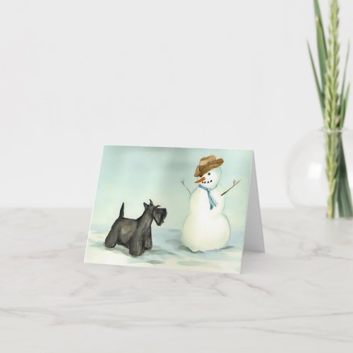 Scottish Terrier Meets Snowman Dog Art Note Card