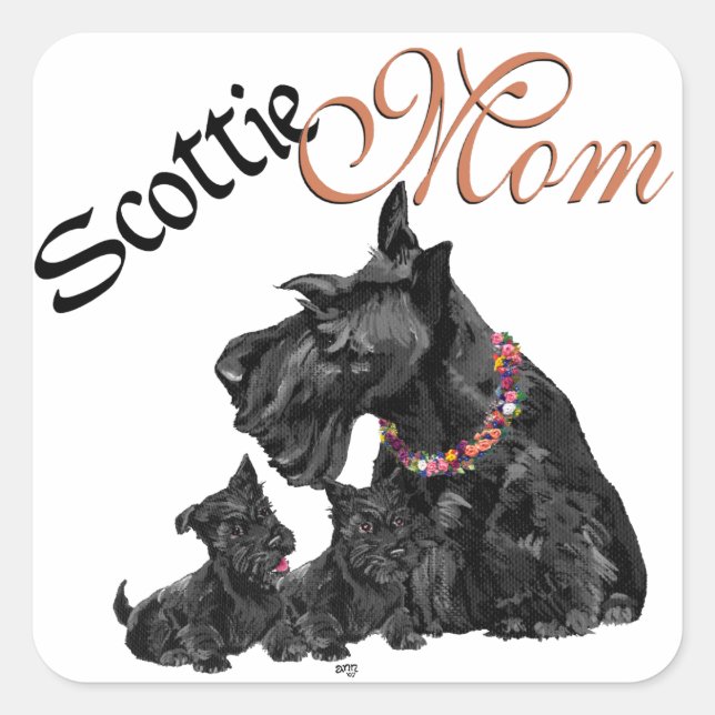 Scottish Terrier Mom & Pups Square Sticker (Front)