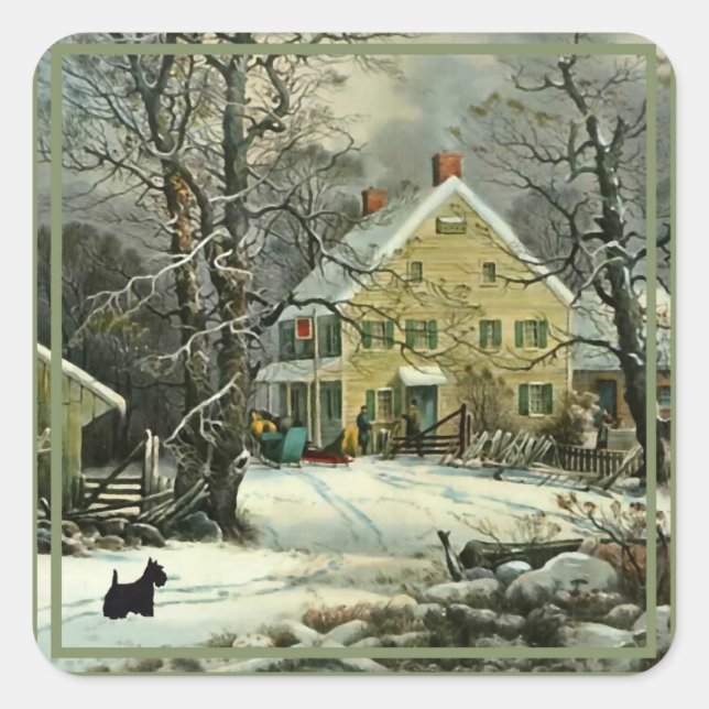 Scottish Terrier Old Fashioned Winter Square Stick Square Sticker (Front)