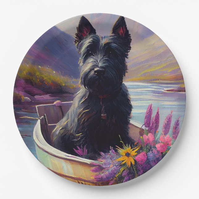 Scottish Terrier on a Paddle: A Scenic Adventure Paper Plates (Front)
