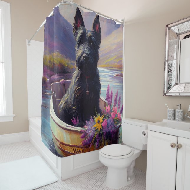 Scottish Terrier on a Paddle: A Scenic Adventure Shower Curtain (In Situ)
