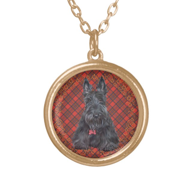 Scottish Terrier on Tartan Gold Plated Necklace (Front)